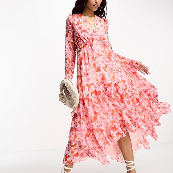 ASOS Style Cheat long sleeve ruffle midi dress in red floral - Picture 1 of 3